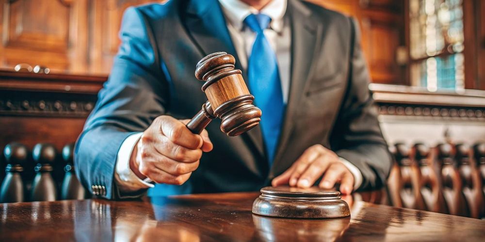 Judge holding a gavel in a courtroom, symbolizing legal authority and decision-making.