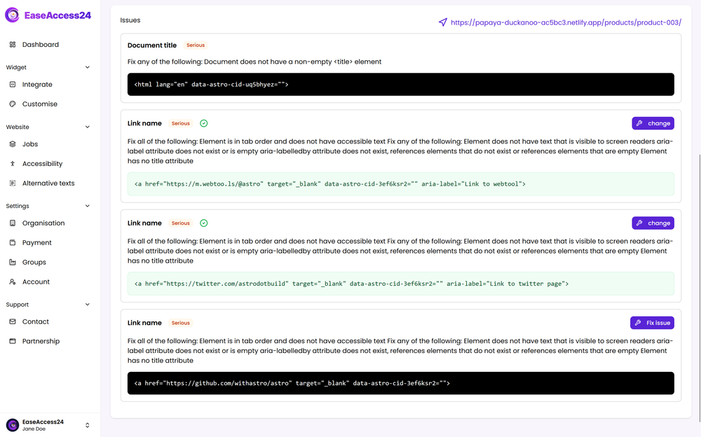 Accessibility dashboard showing overall crawl results, issue graph, and page-by-page accessibility scores.