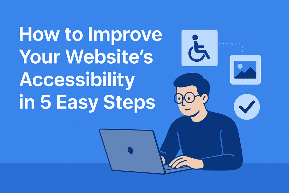 A simple illustration of a developer at a laptop with accessibility icons and the title “How to Improve Your Website’s Accessibility in 5 Easy Steps.”