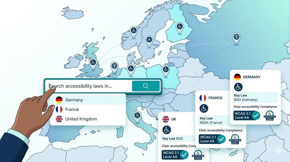 Map of Europe with a search tool displaying accessibility laws and WCAG compliance for different countries.
