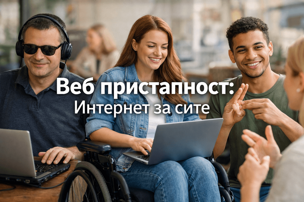 Банер со три лица кои користат лаптопи, вклучувајќи лице во инвалидска количка и лице што користи знаковен јазик. На сликата има наслов „Веб пристапност, Интернет за сите“.