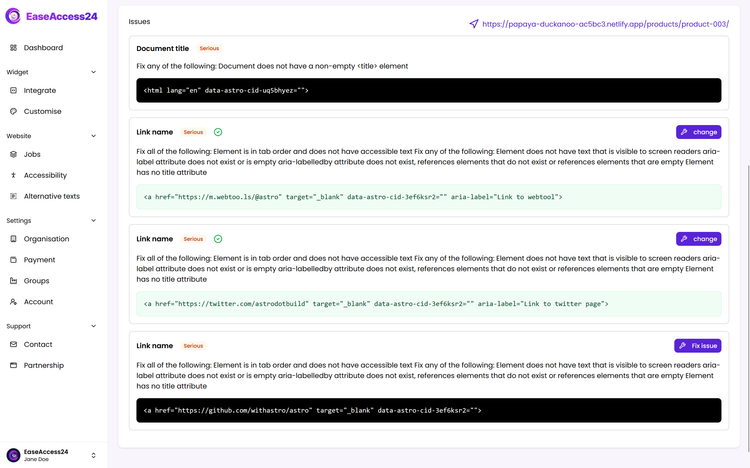 Accessibility dashboard showing overall crawl results, issue graph, and page-by-page accessibility scores.